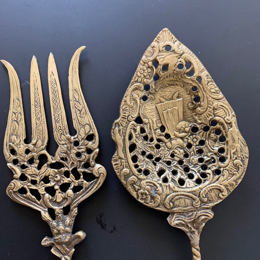 Vintage brass salad servers